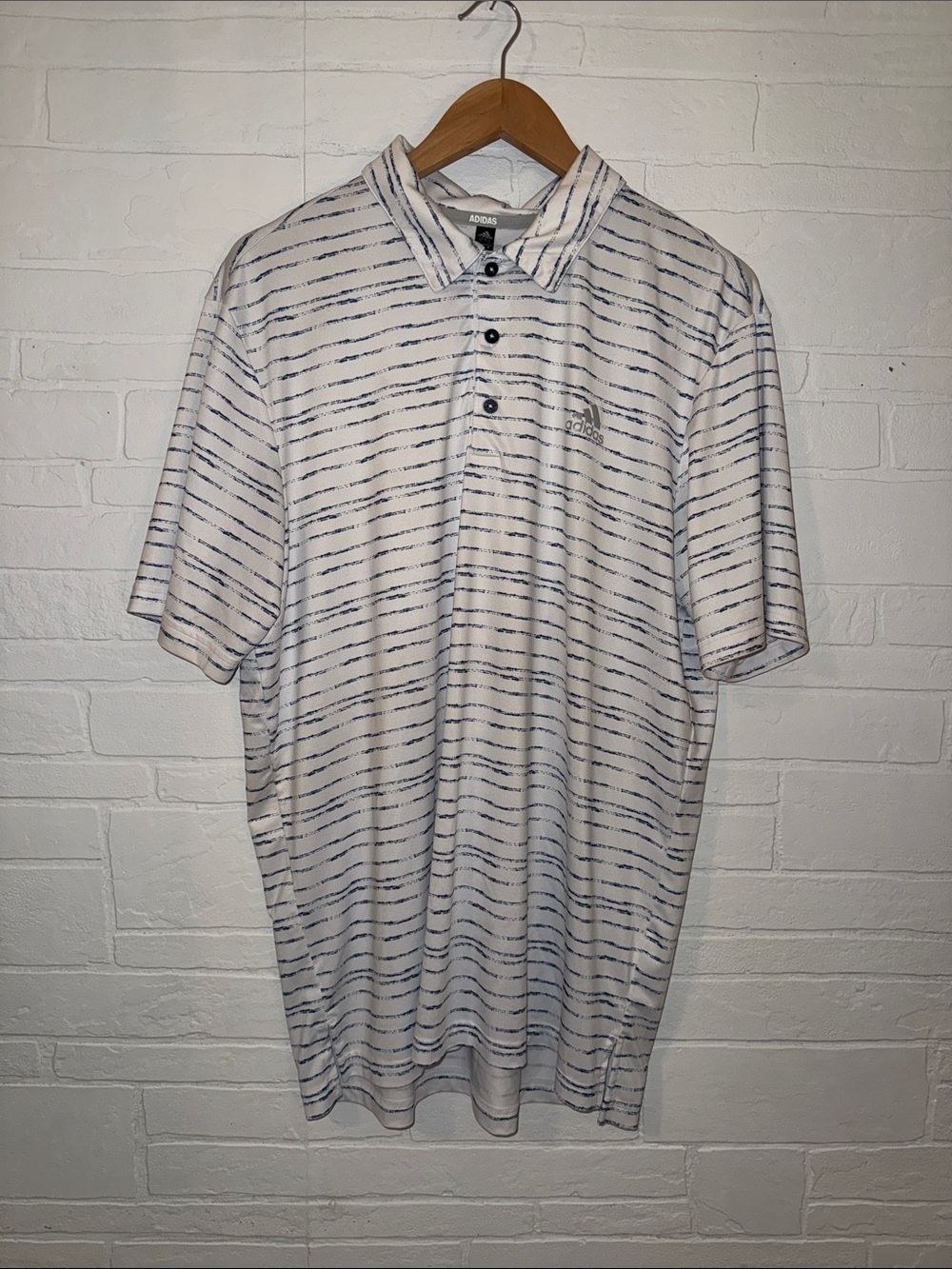 adidas Men’s White Polo with Navy Stripe Pattern
